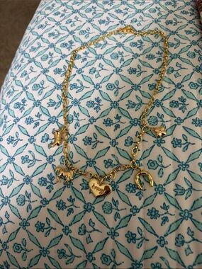 Gold Charm Necklace with Horse, Horseshoe & Heart Engraved, boot, clover.